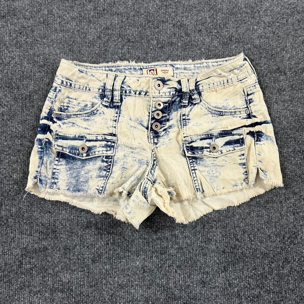L.E.I. Denim Shorts Womens Size 3 Blue Acid Wash Low Rise Frayed Hem Button Fly